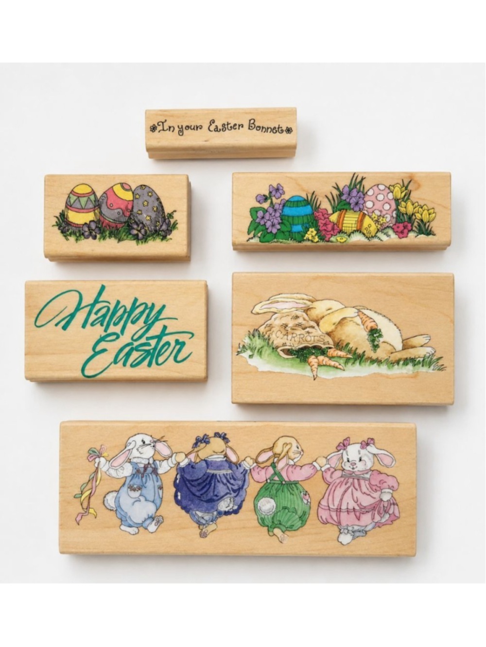 Lot of 6 Vintage Easter Rubber Stamps Bunny Rabbit Eggs Wood Mounted Craft